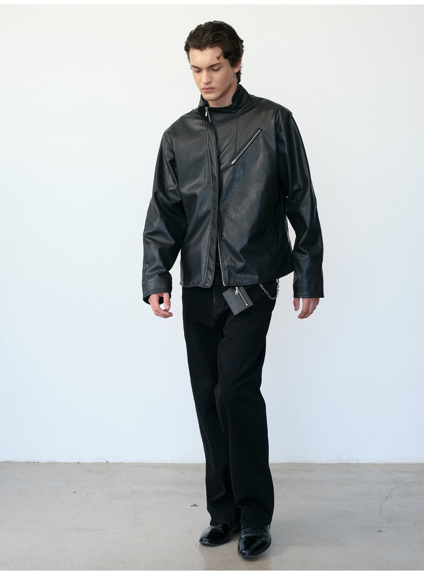 Microfiber-Leather Blend Stand-Collar Jacket