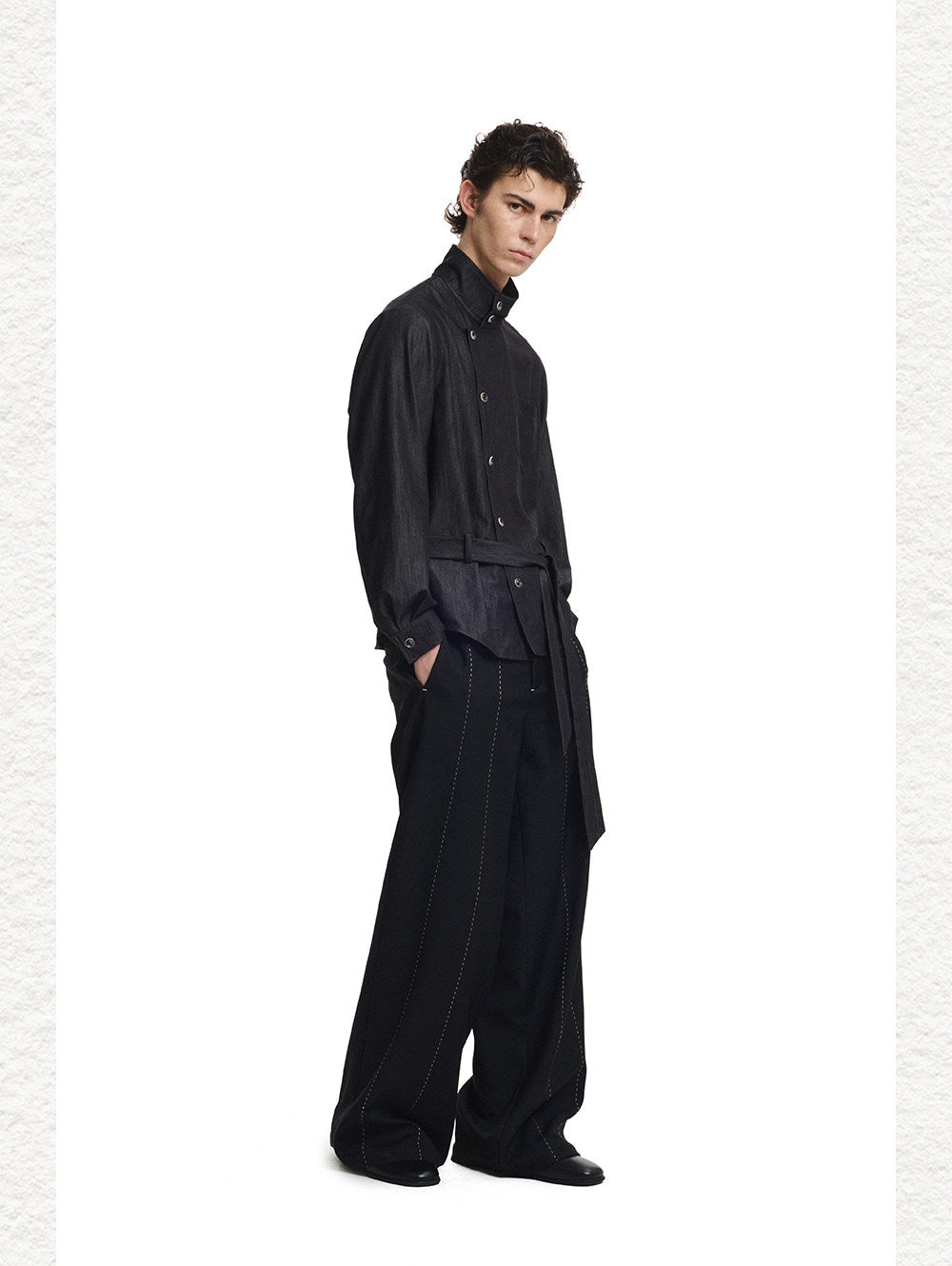 Diagonal Placket  Stand-Up Collar Workwear Shirt