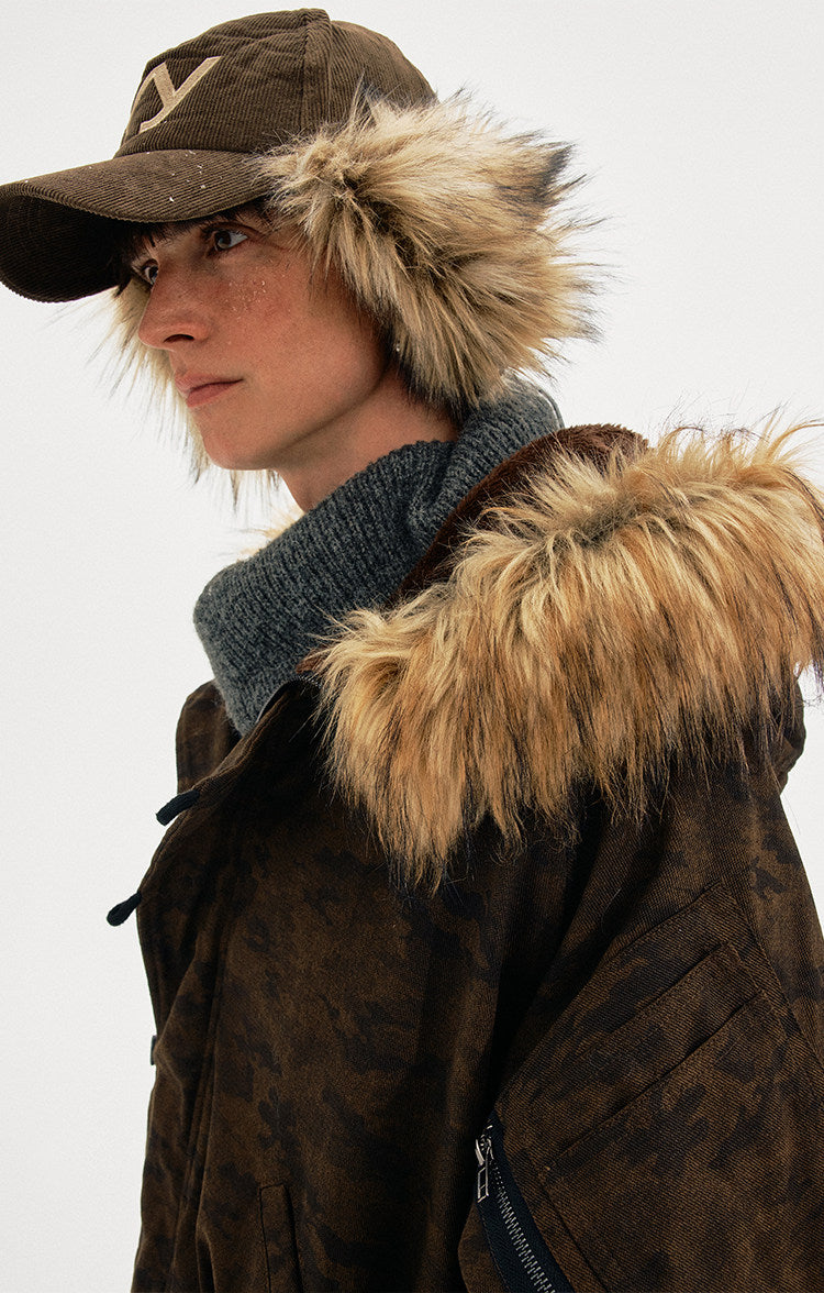 Distressed finish camouflage fur-collar jacket