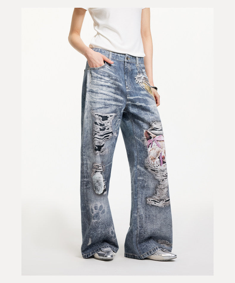 Printed Patchwork Straight-Leg Denim Pants
