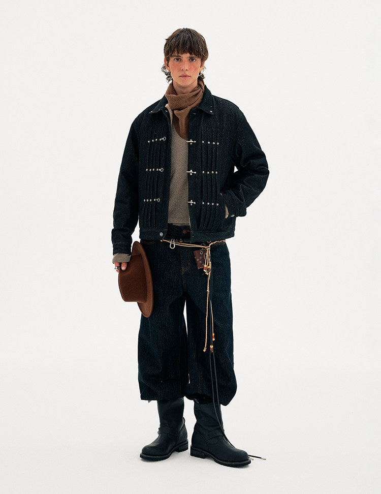Pleated Airplane Button Denim Jacket