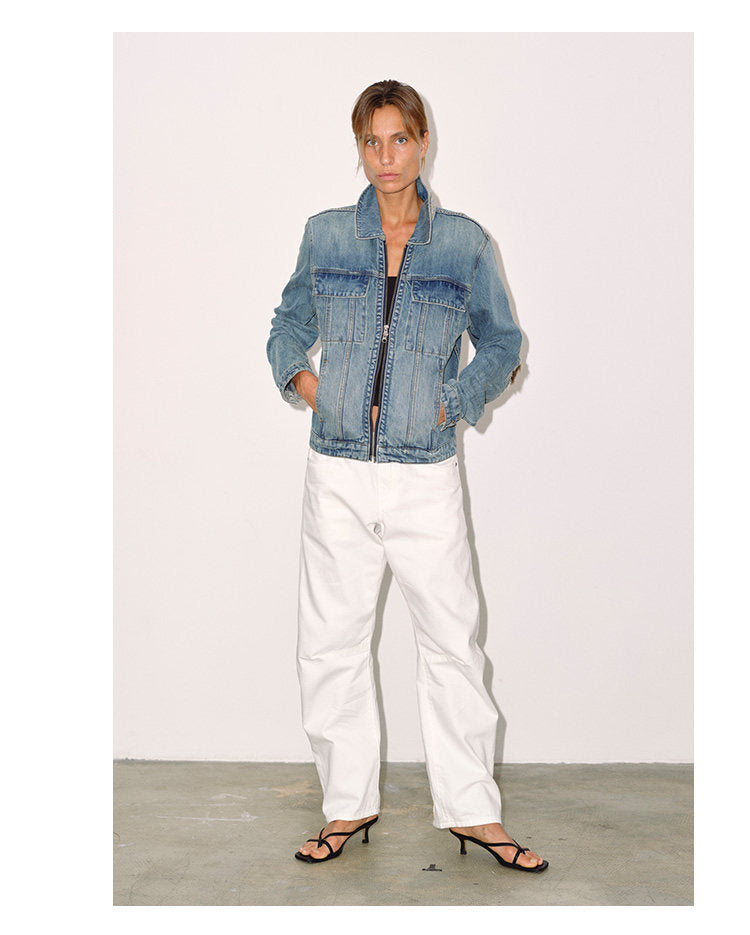 Patchwork Leather Double-Zip Denim Jacket