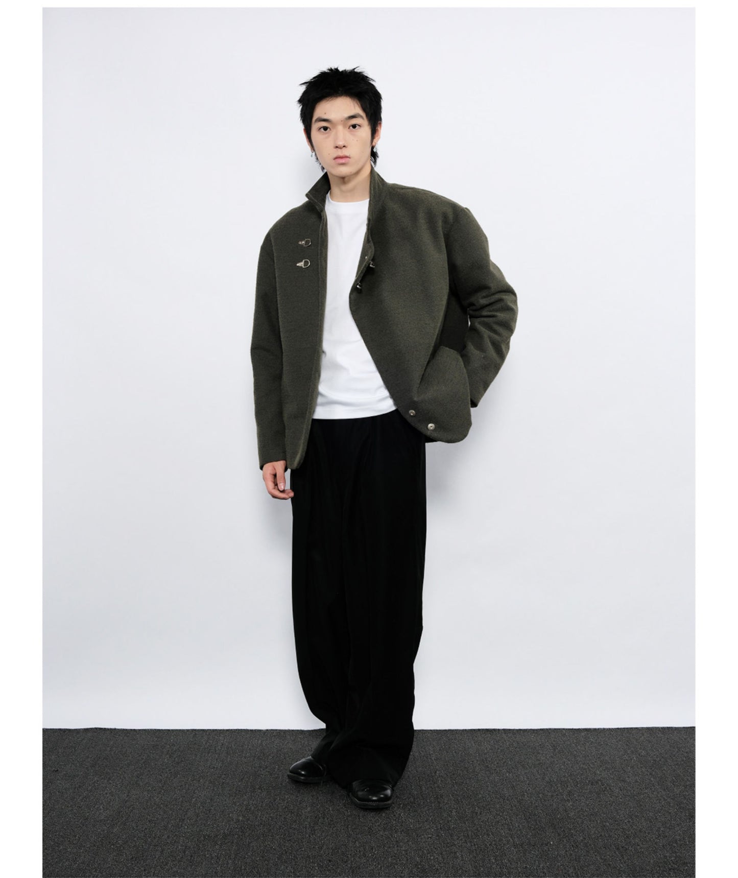 Wool jacket with diagonal front placket