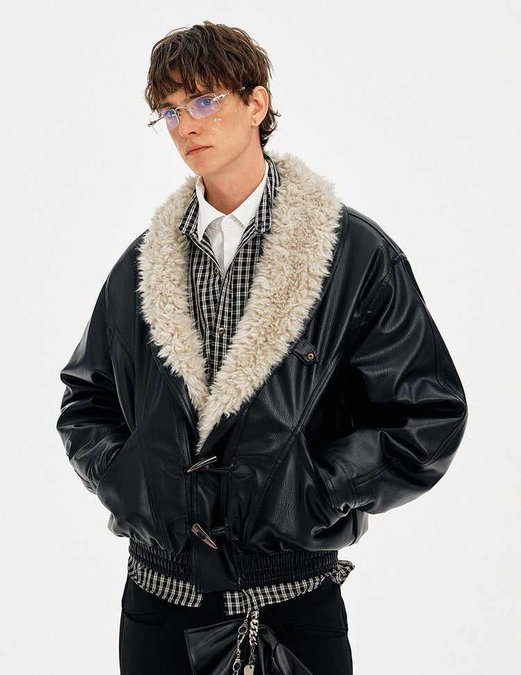 Horn Button Fur Collar Leather Jacket