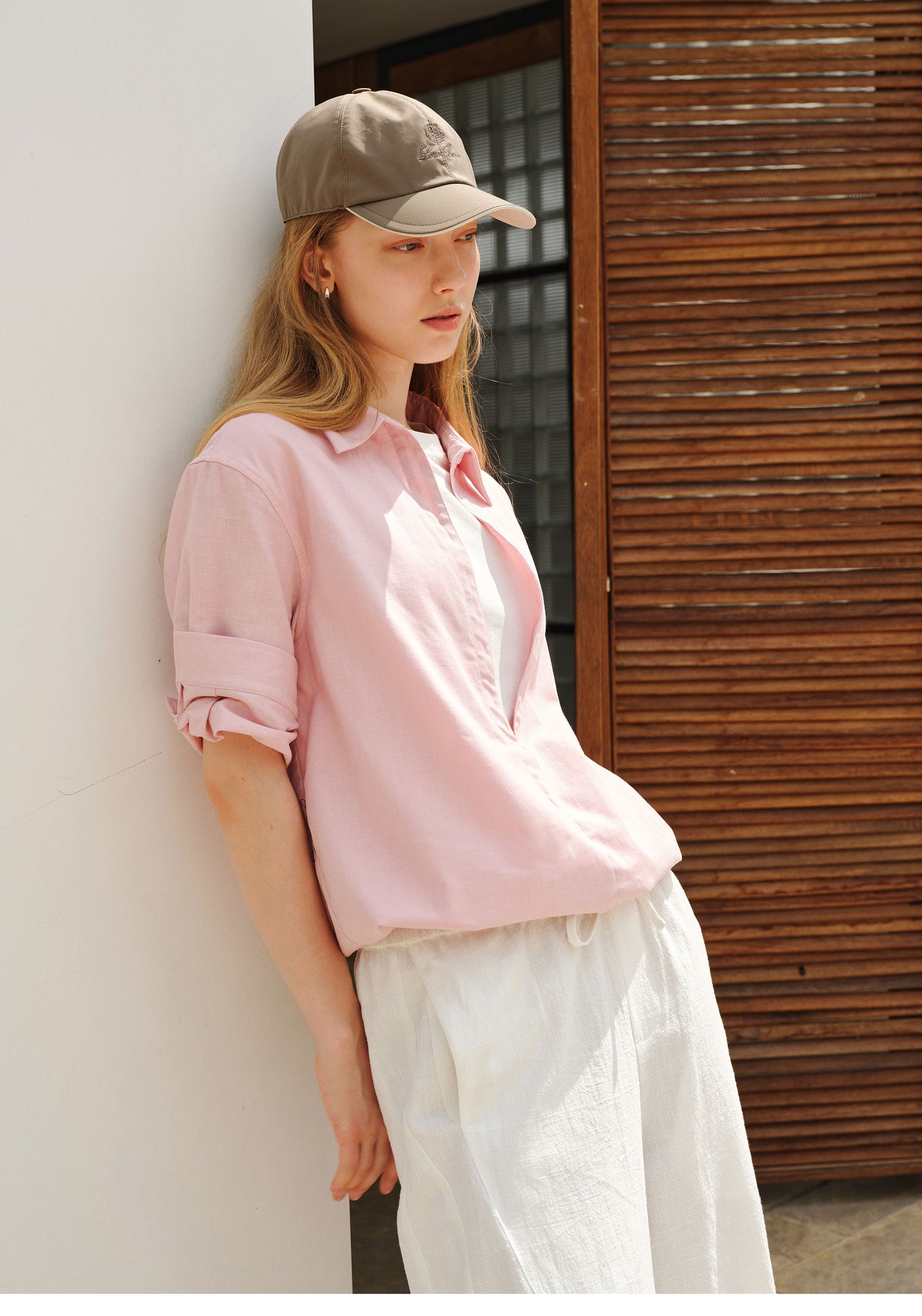 Deep V-Neck Faux Two-Piece Roll-Sleeve Shirt