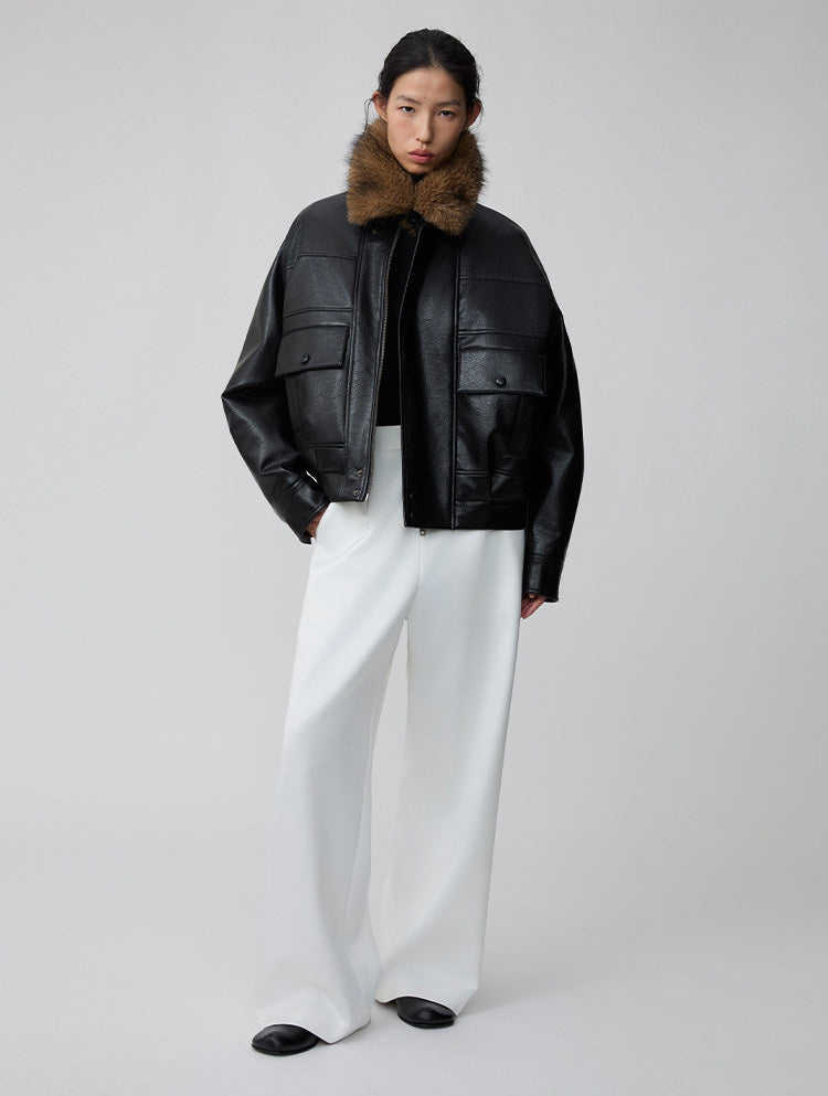 Detachable fur collar bomber jacket