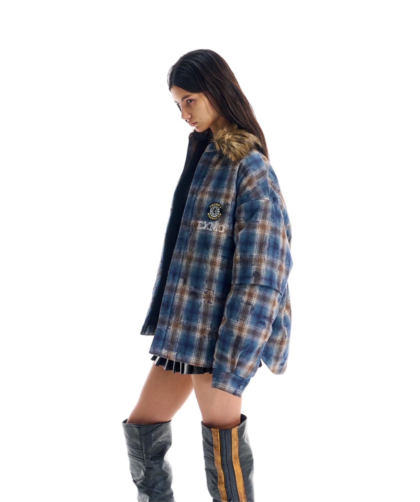 Fake Two-Piece Embroidered Check Shirt
