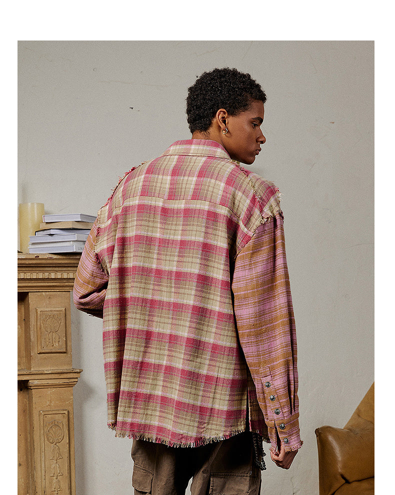 Raised raw edge split plaid shirt