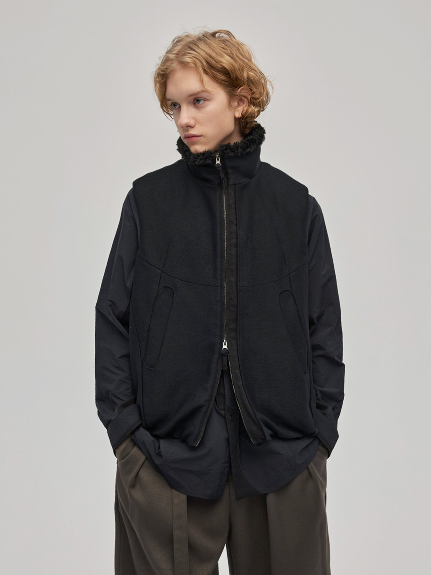 Wool Stitch Fur Collar Vest