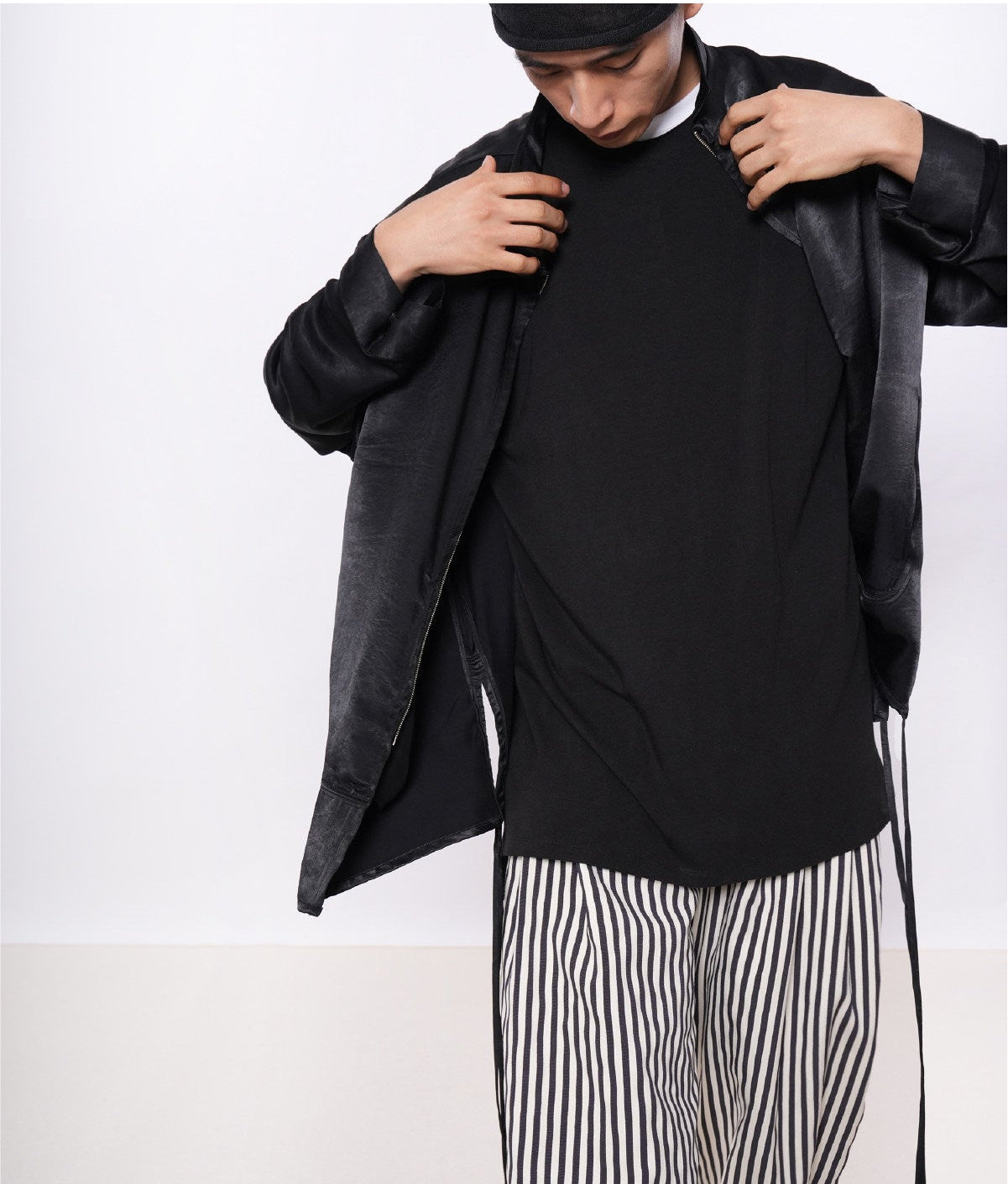 Shiny Side-Drawstring Zipper Shirt