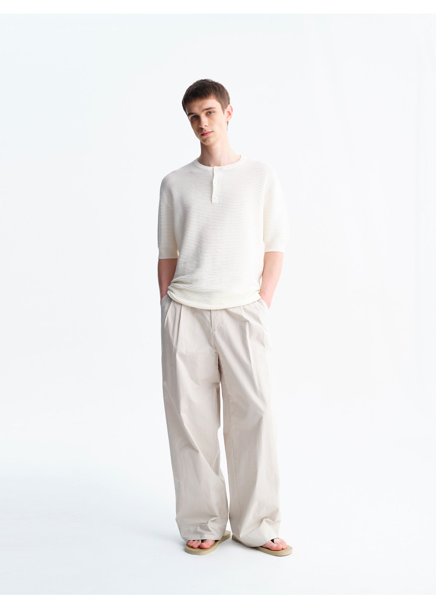 Henry-Neck Wool-Look Short-Sleeve Shirt