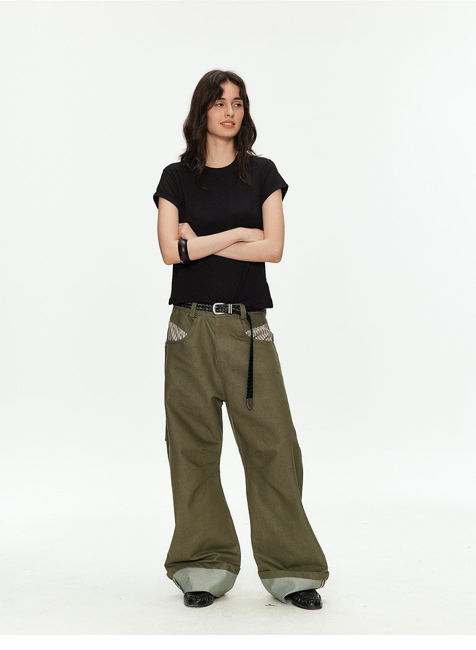 Wide-Leg Workwear Pants with Checkered Pockets