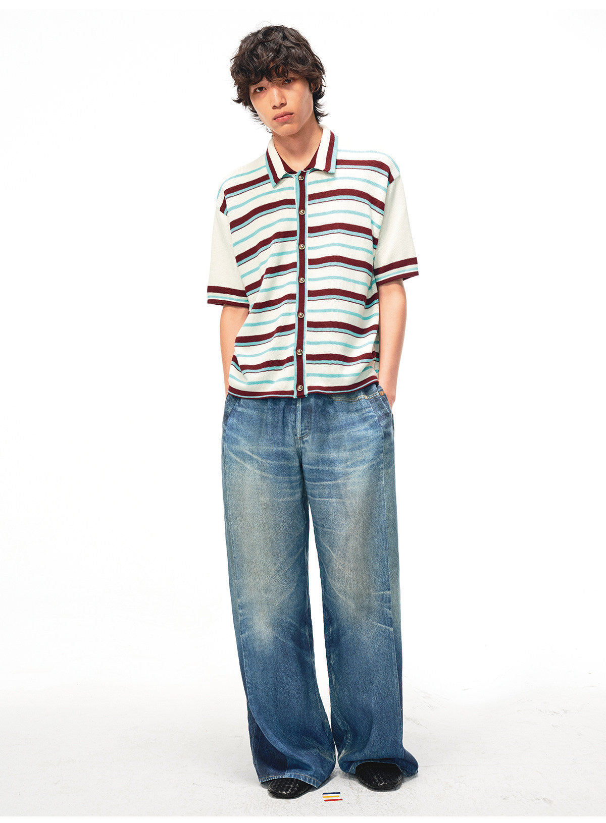 Breathable Striped Shirt with Gold Buttons