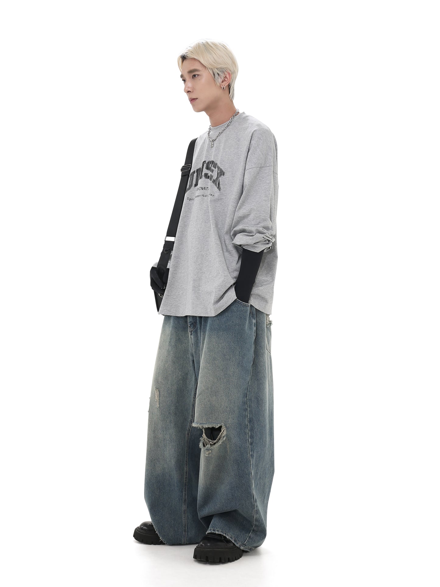 Drawstring Damaged Washed Denim Pants