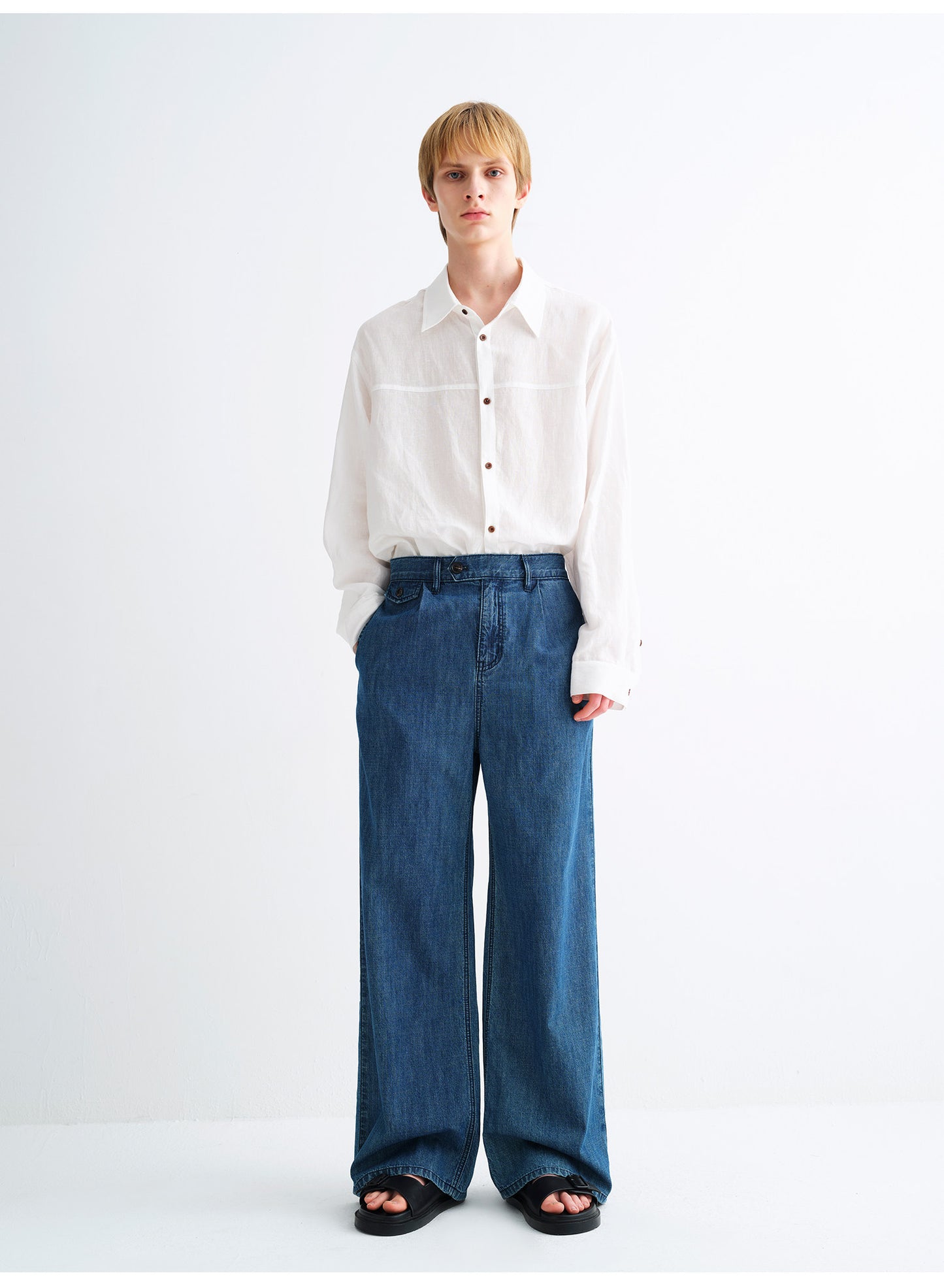 Wash-Finish Wide-Leg Denim Pants