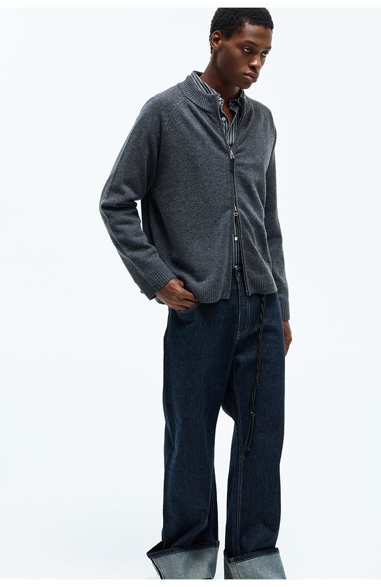 Crew Neck Double Zipper Cardigan