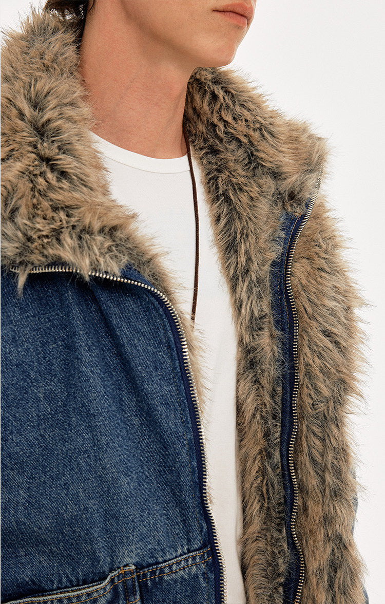 Denim jacket with fur collar