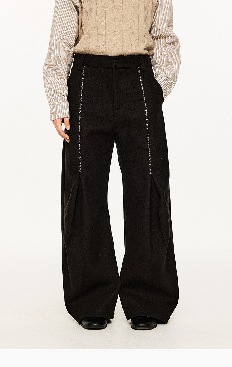 Hand-stitched embroidery wool pants