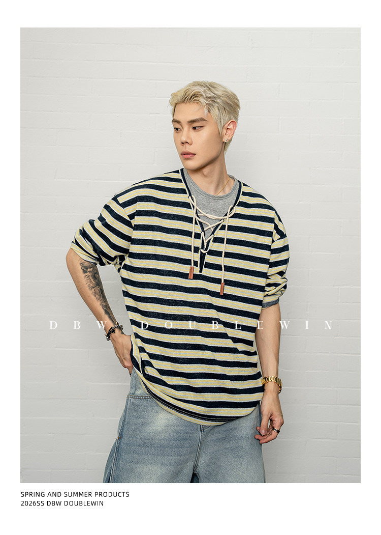 Contrast-Striped Faux Two-Piece T-Shirt