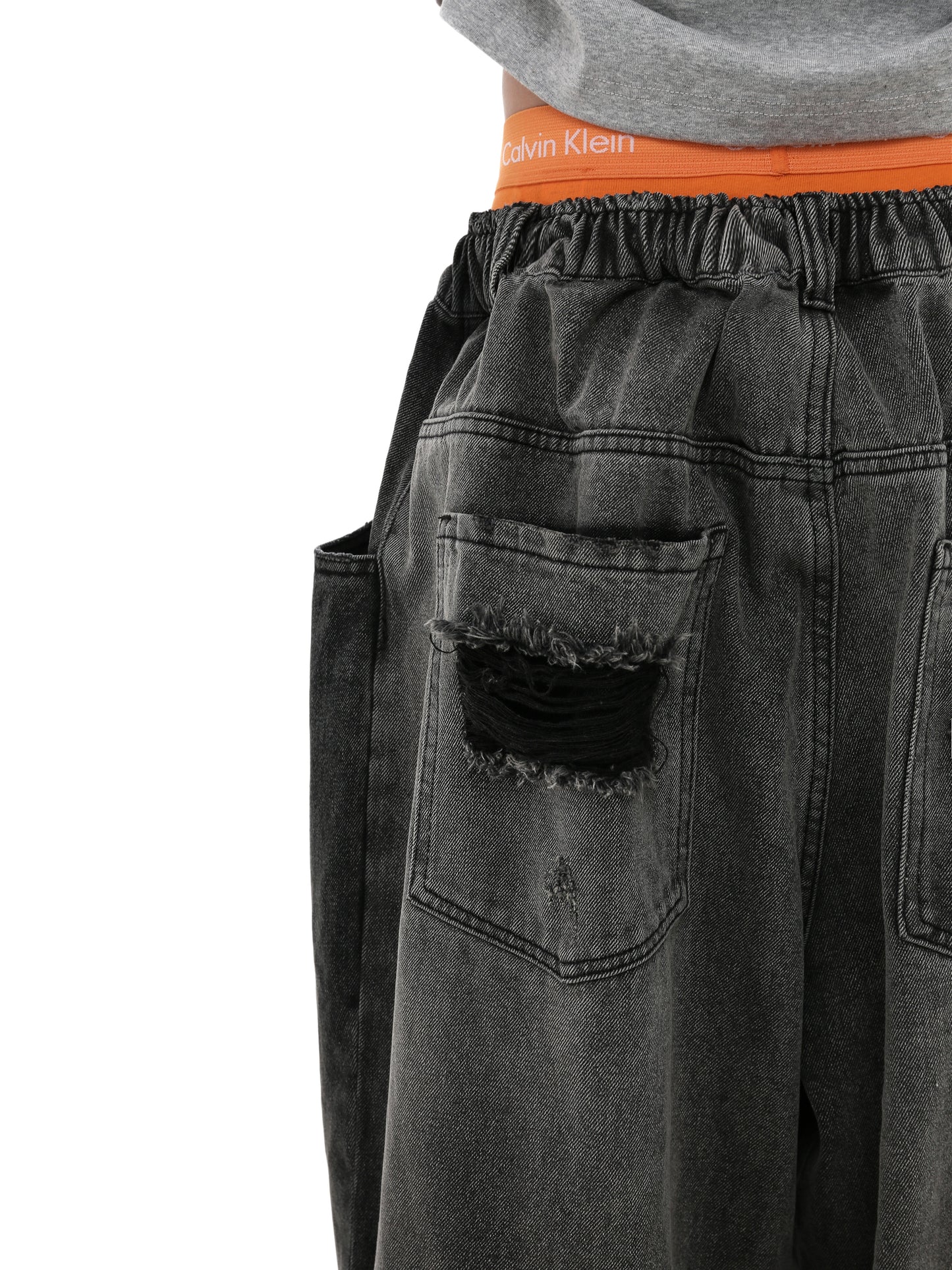 Drawstring Damaged Washed Denim Pants