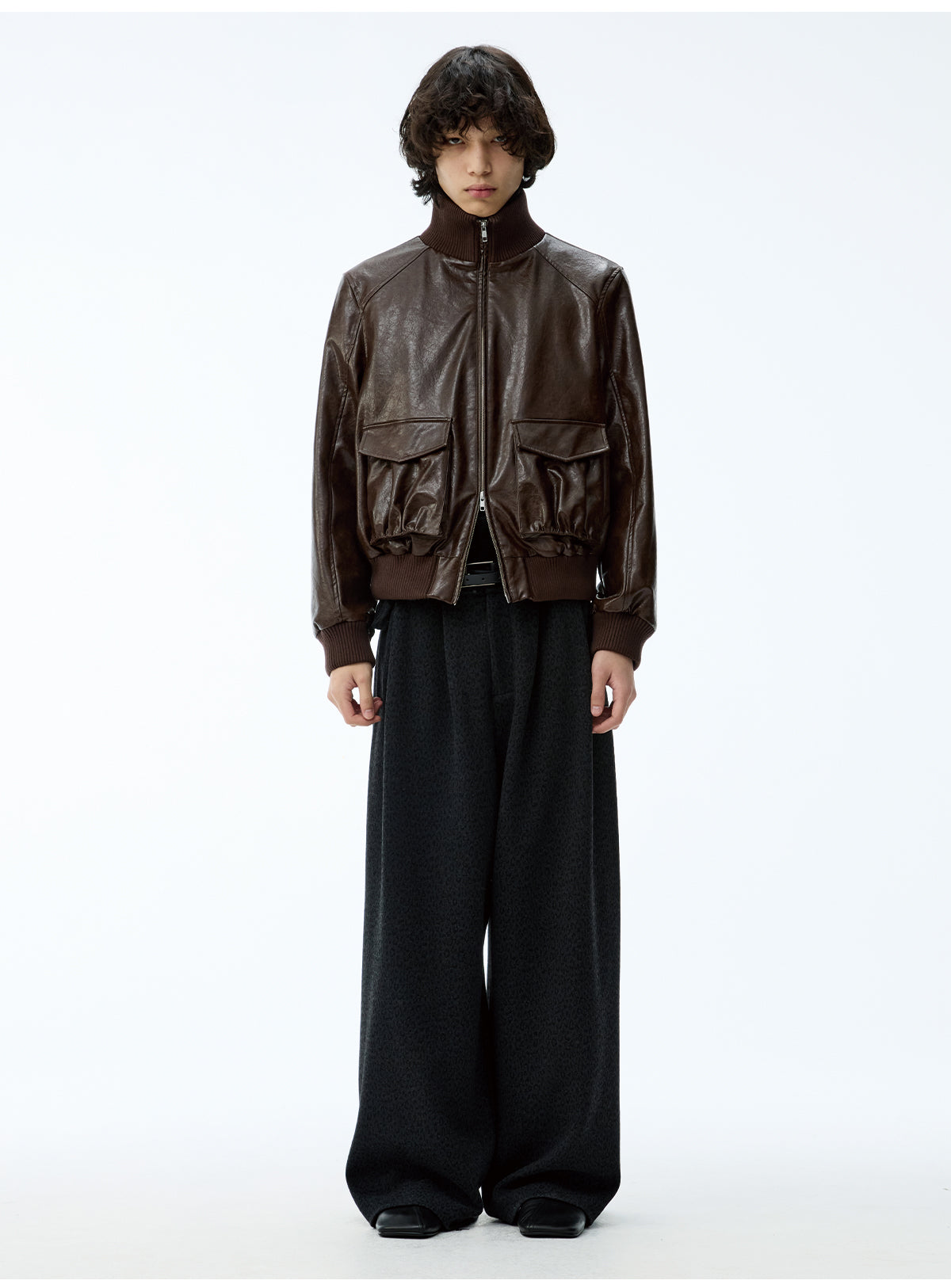 Pleated Short Leather Jacket