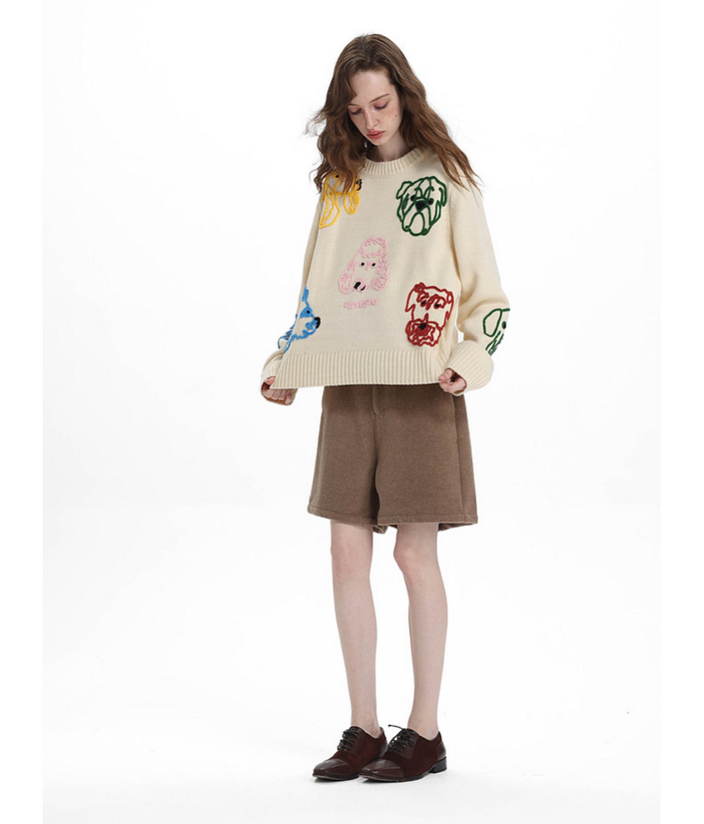 Hand-Knitted Floral-Print Round-Neck Sweater