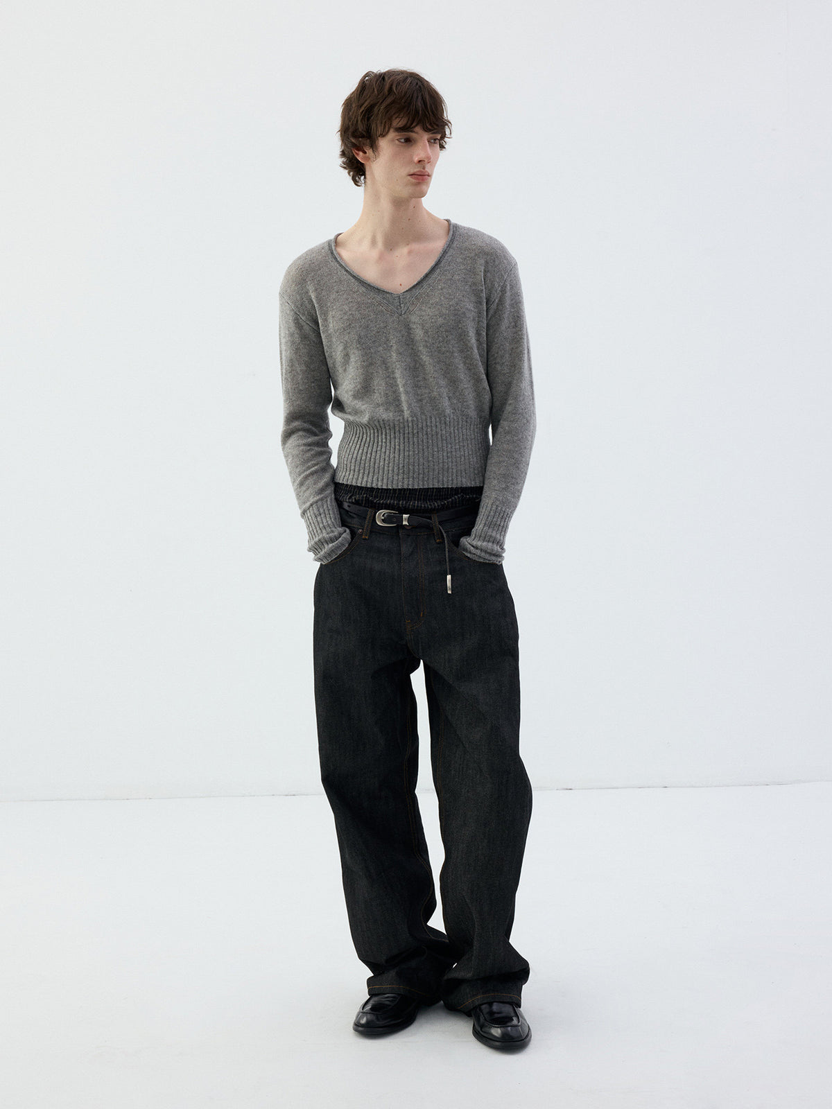Wool Roll-Sleeve V-Neck Sweater