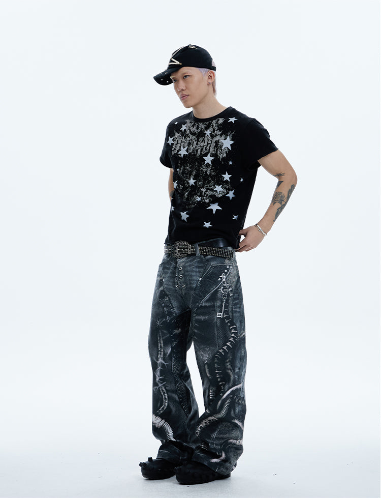 Oddly shaped pipe digital print Jeans