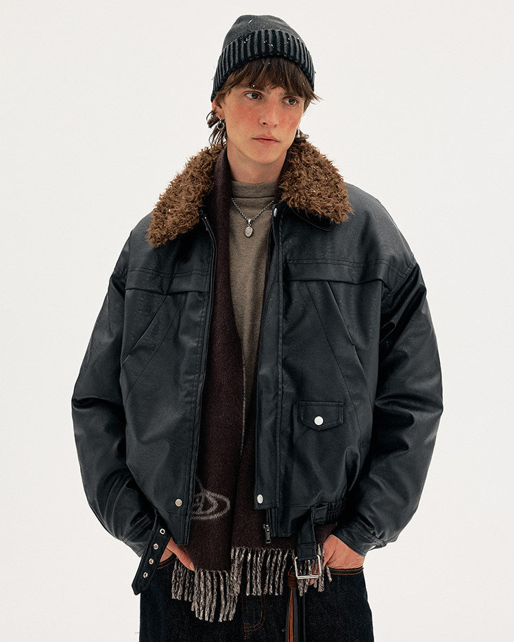 Detachable Fur Collar PU Leather Jacket