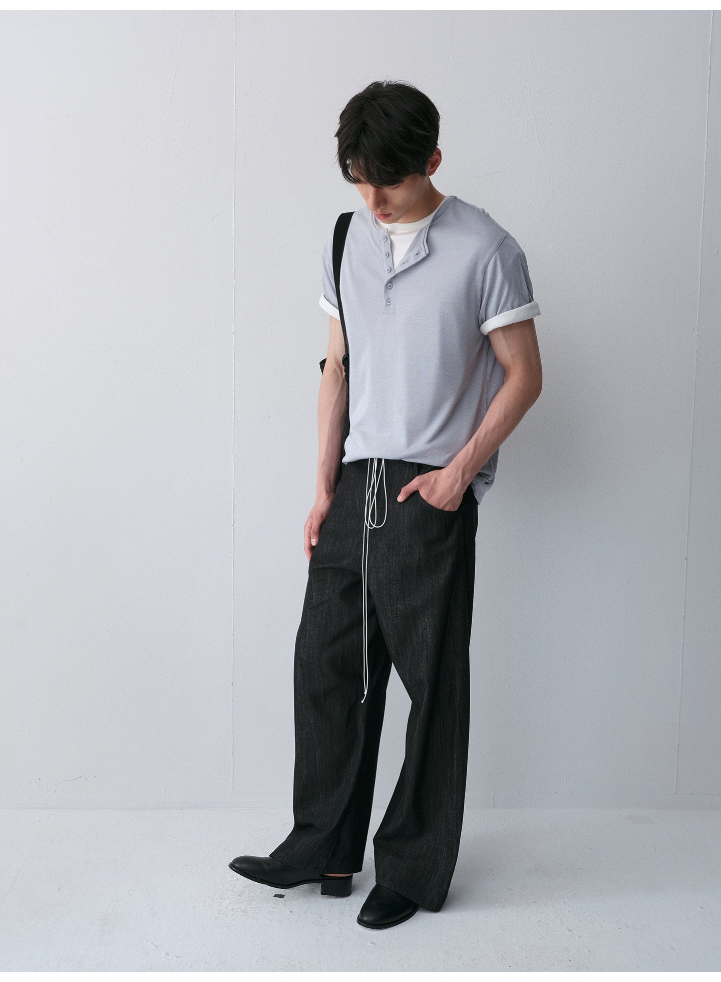 Henry-Collar Drop-Shoulder T-Shirt