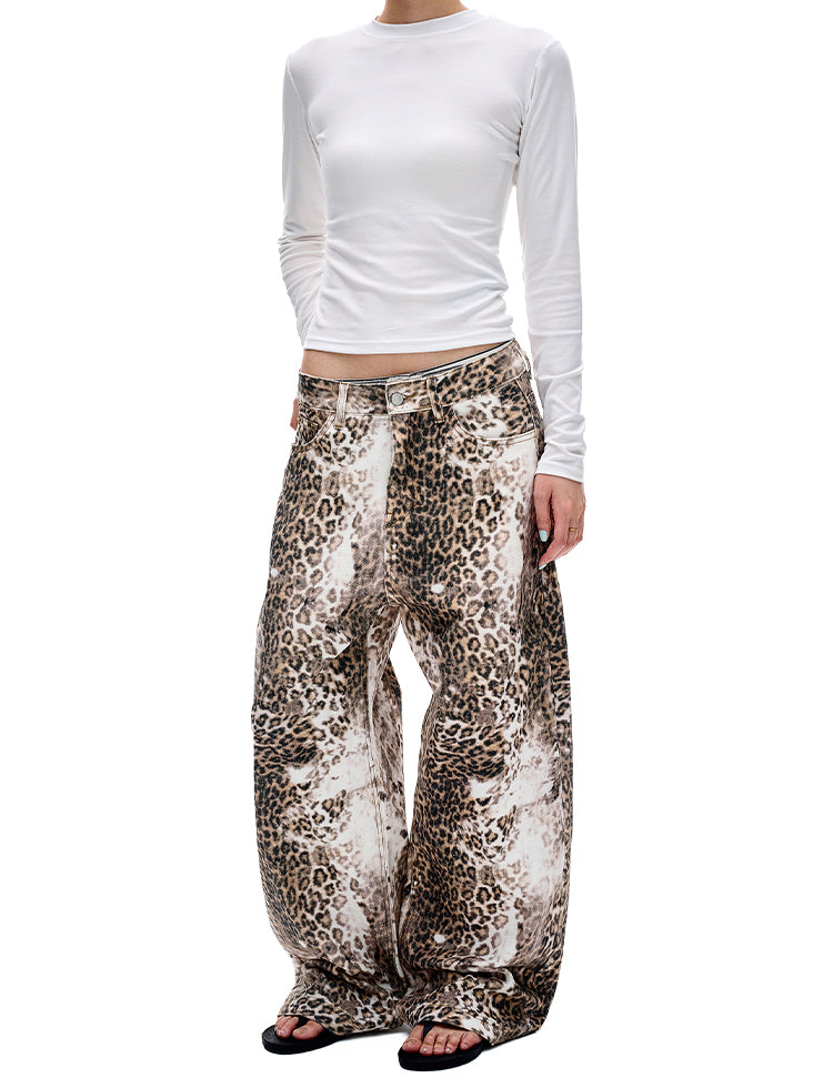 Heavy-Wash Leopard Print Casual Pants