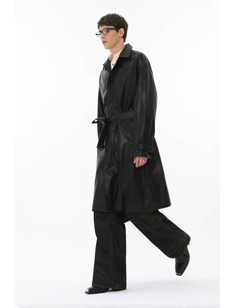 Notting Hill Leather Lapel Mid-Length Retro Windbreaker Jacket
