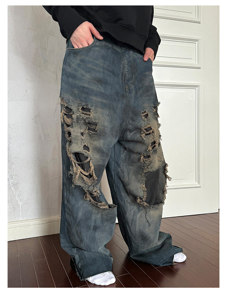 Unisex Damaged Double Layer Jeans