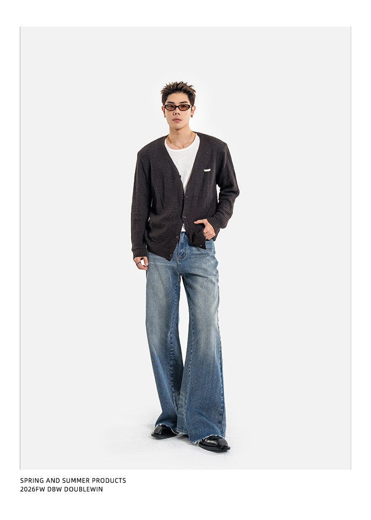 Waffle-Knit Wool V-Neck Knit Cardigan