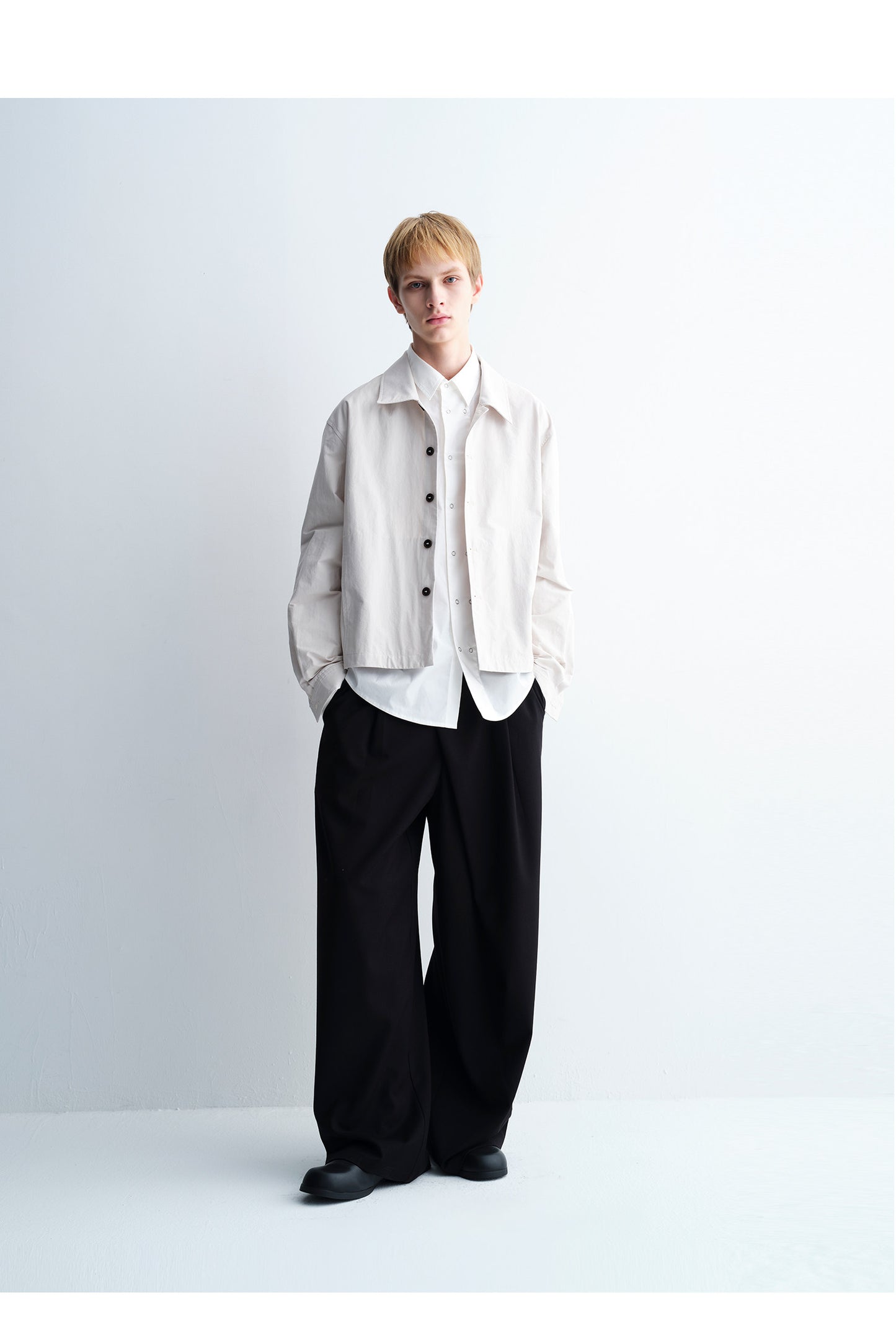 Double-Breasted Round-Hem Loose-Fit Shirt