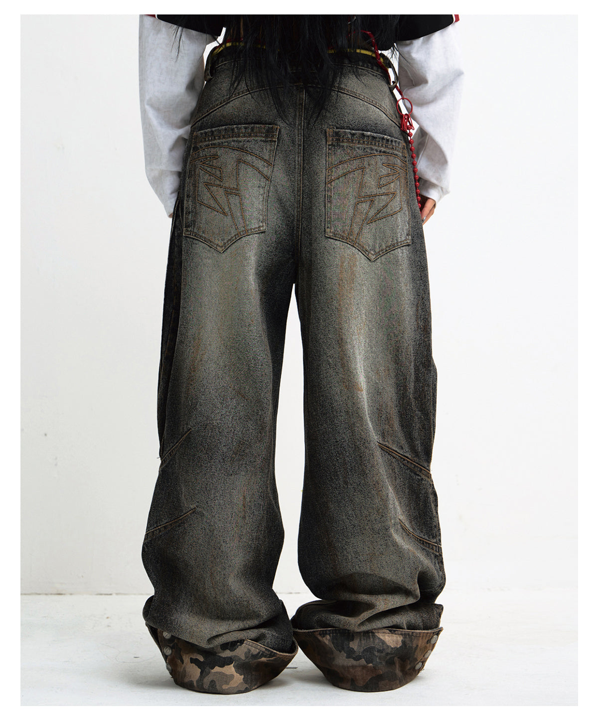 Mud-dyed spliced straight jeans