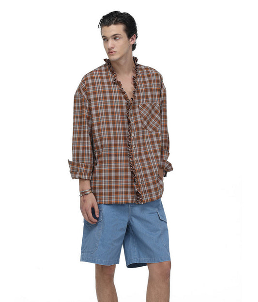 Textured V-Neck Checkered Shirt