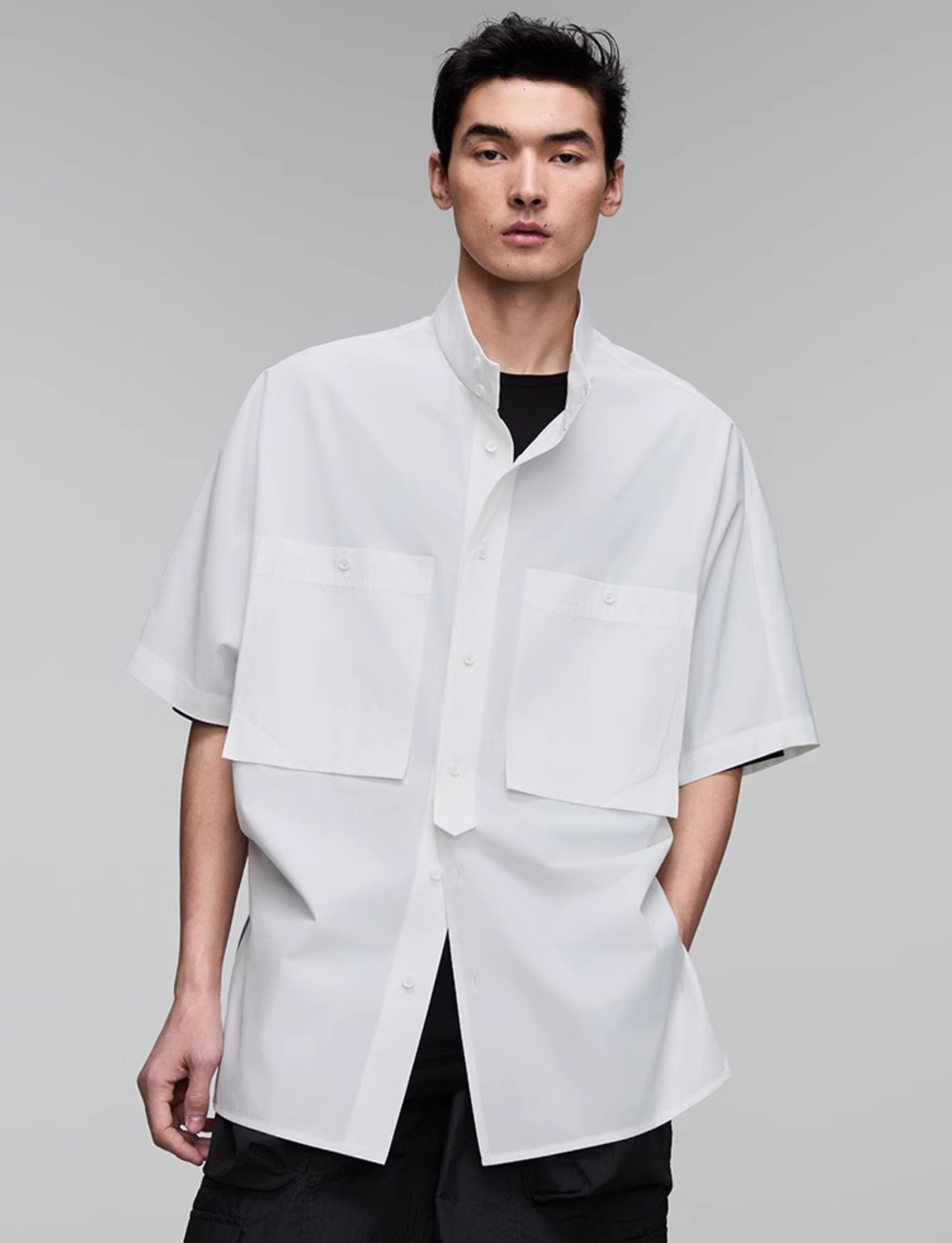 Stand collar double patch pocket shirt