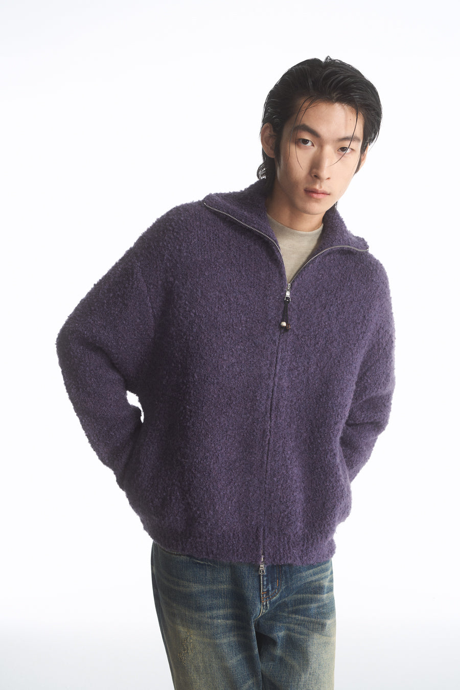 Wool blend zip cardigan