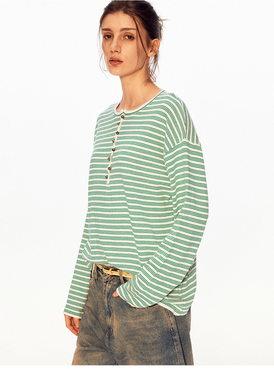 Henry-Collar Linen Striped T-Shirt