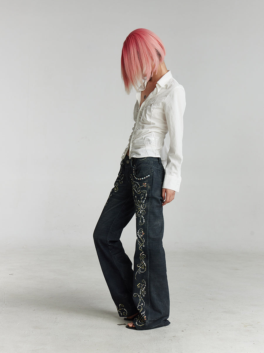 Gemstone Pattern Print Flared Jeans