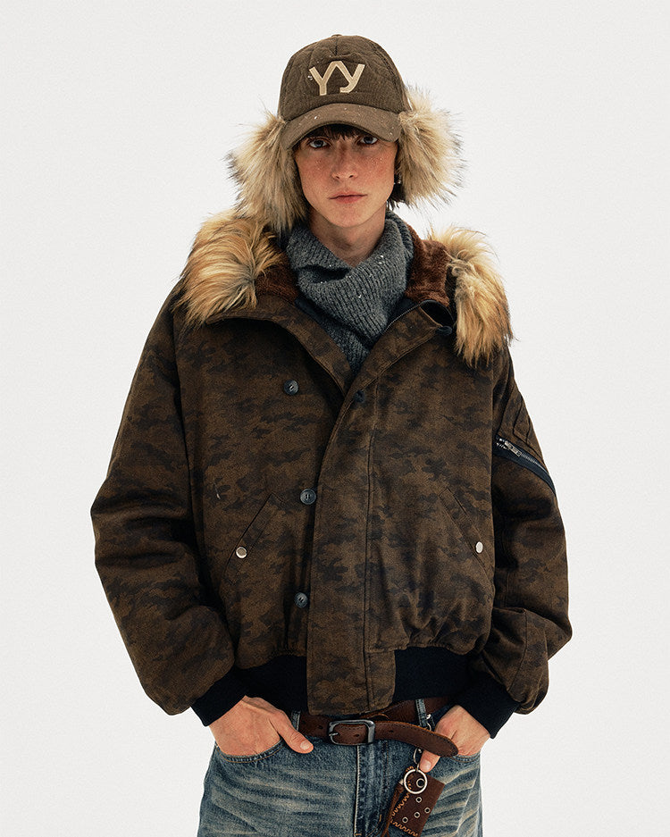 Distressed finish camouflage fur-collar jacket