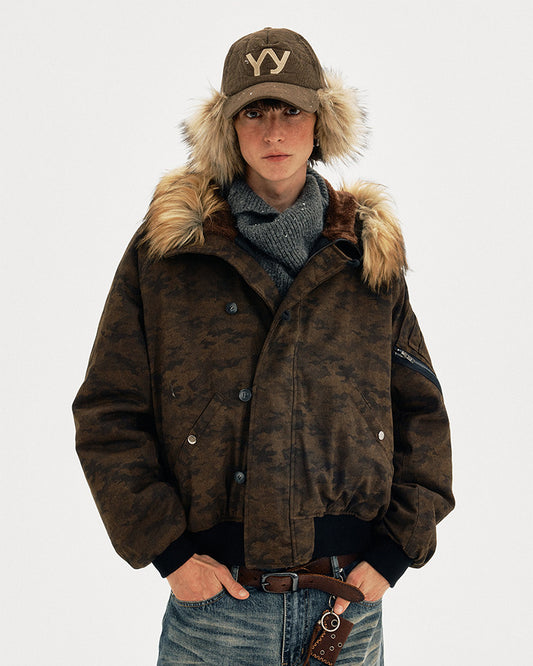 Distressed finish camouflage fur-collar jacket