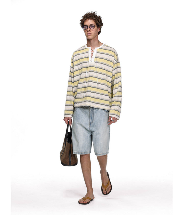 Drawstring Tie Henley Collar T-Shirt