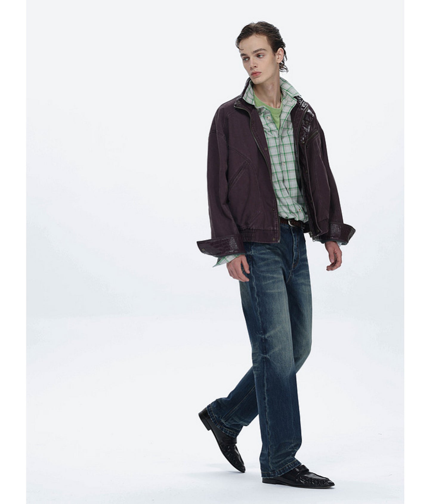 Faux Crocodile Leather Stand-Up Collar Jacket