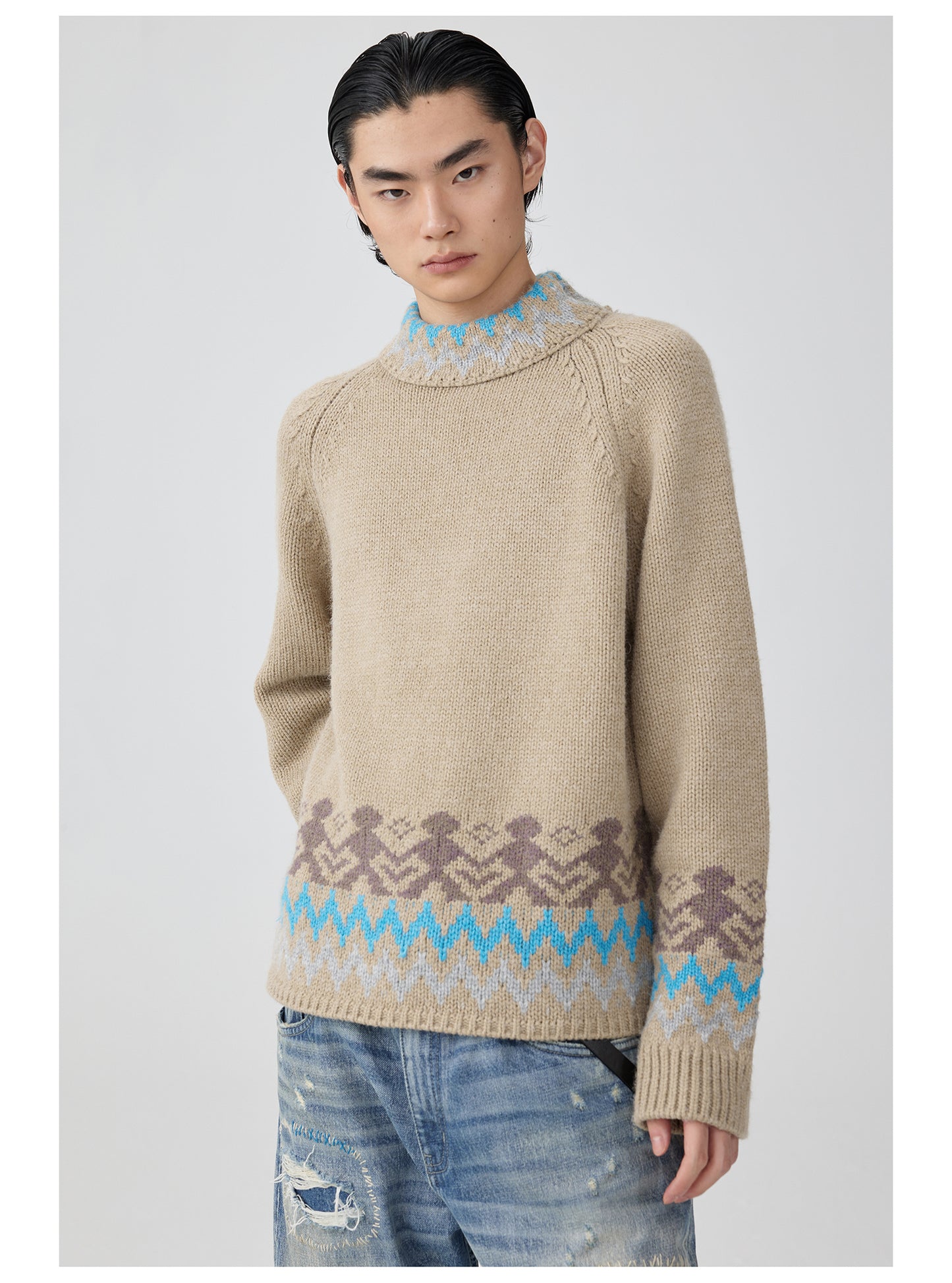 Ethnic Pattern Side Zip Turtleneck Sweater