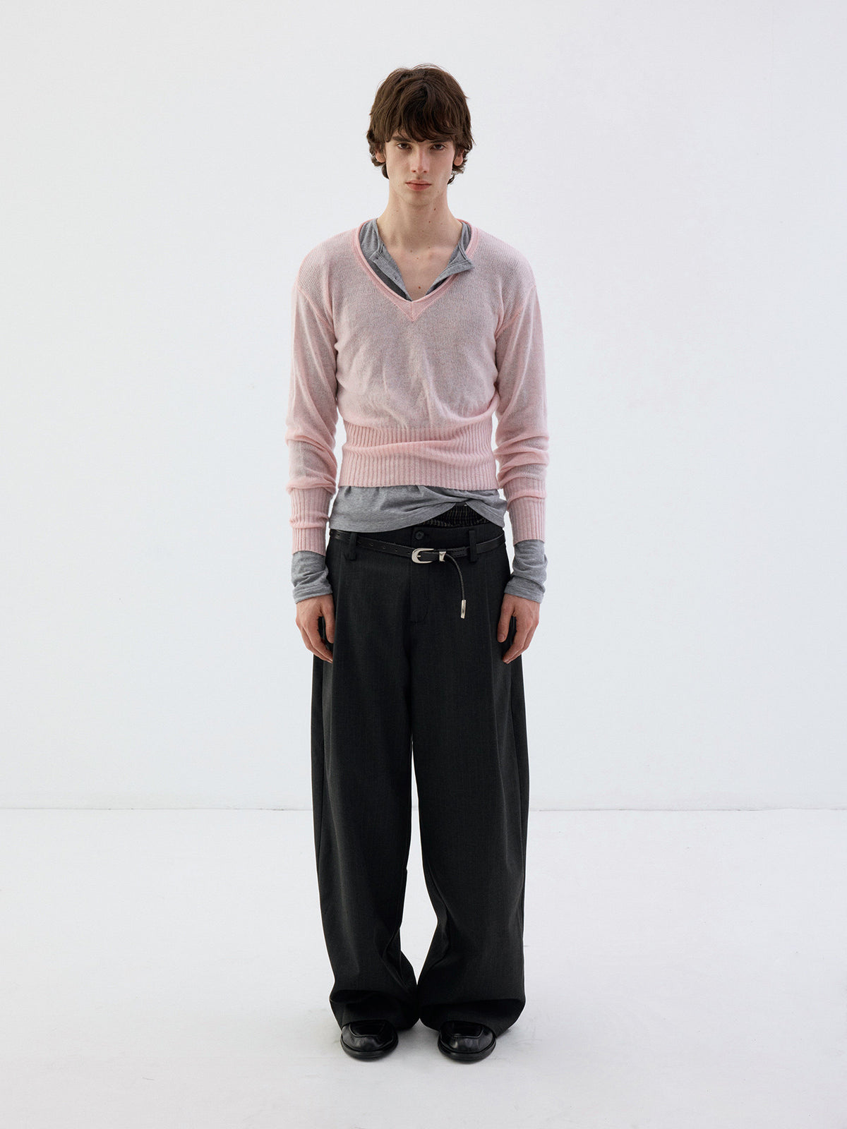 Wool Roll-Sleeve V-Neck Sweater