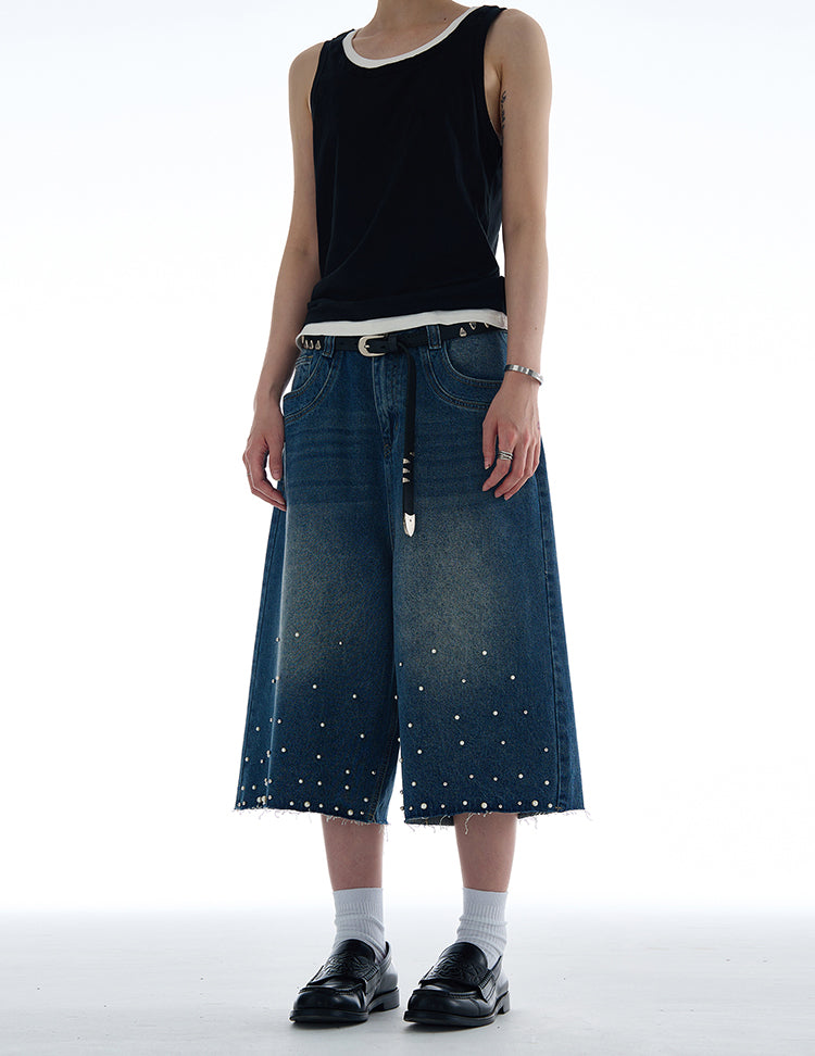 Niche pearl inlay design denim pants