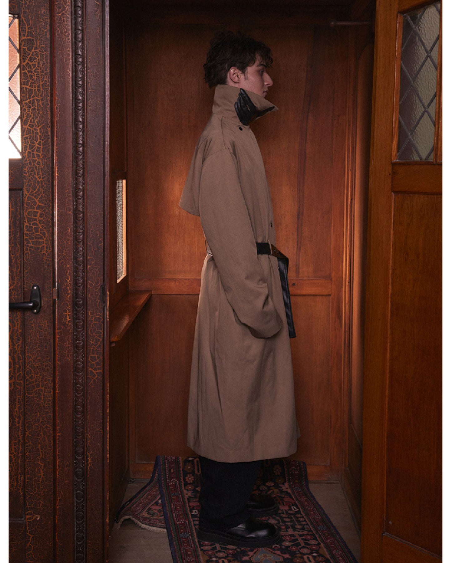 Leather hand stand collar long coat