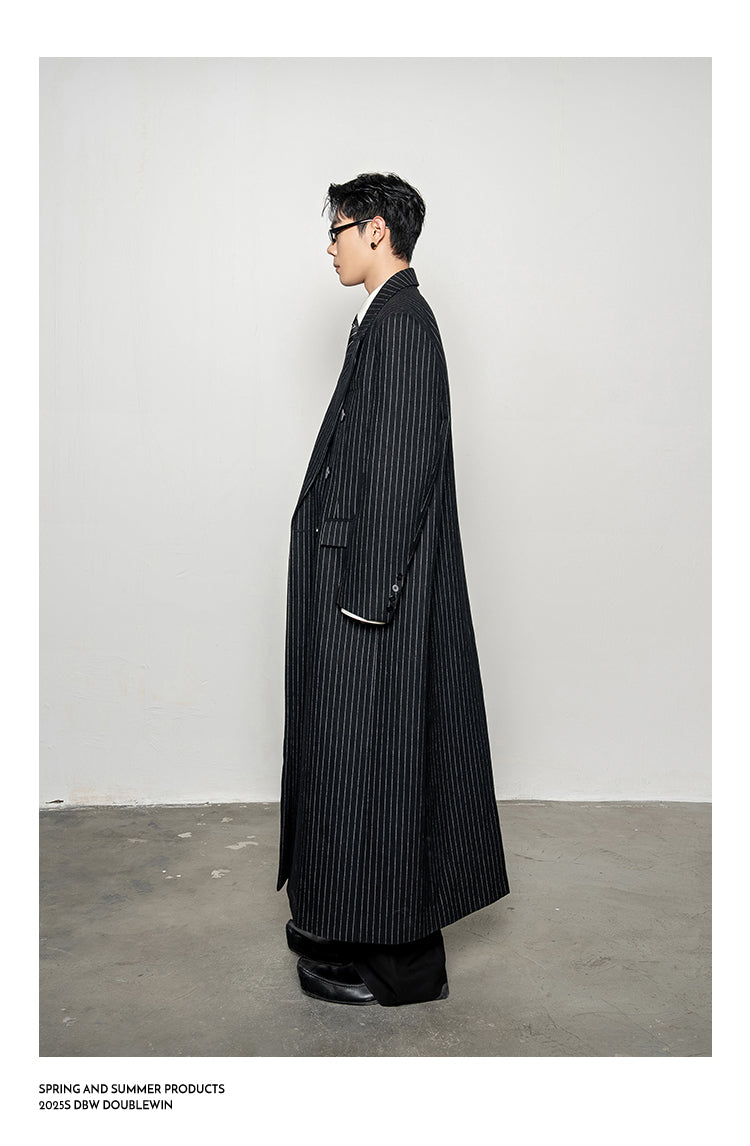 Wool Blend Striped Long Coat